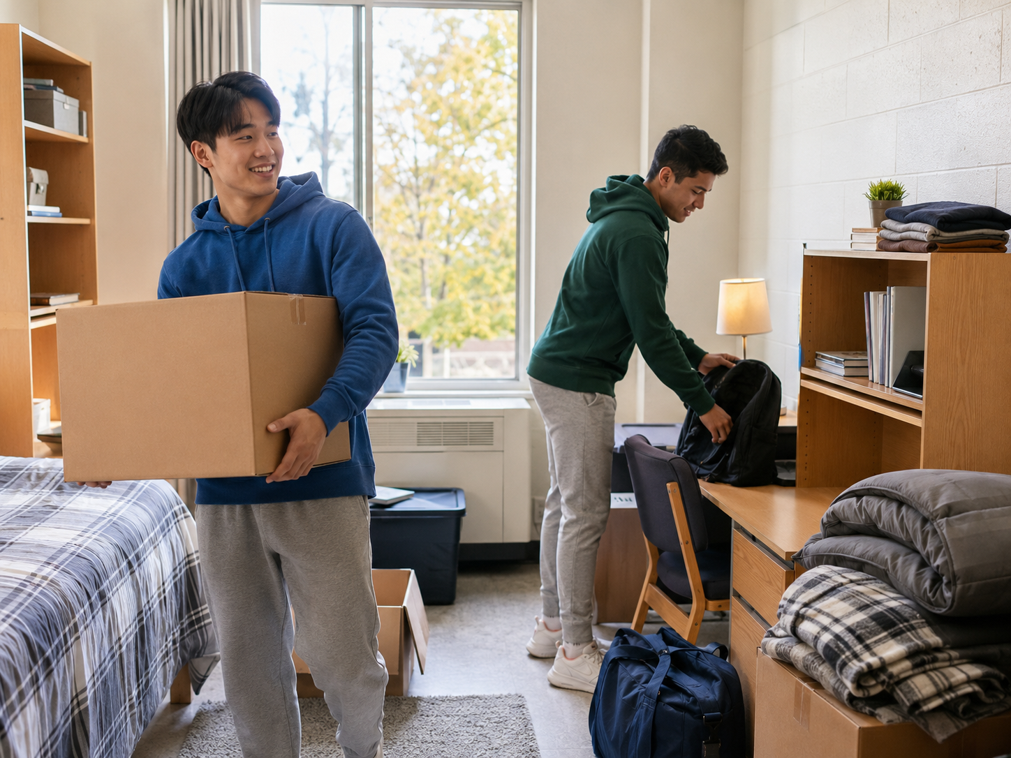Student moving boxes into a dorm room in Canada